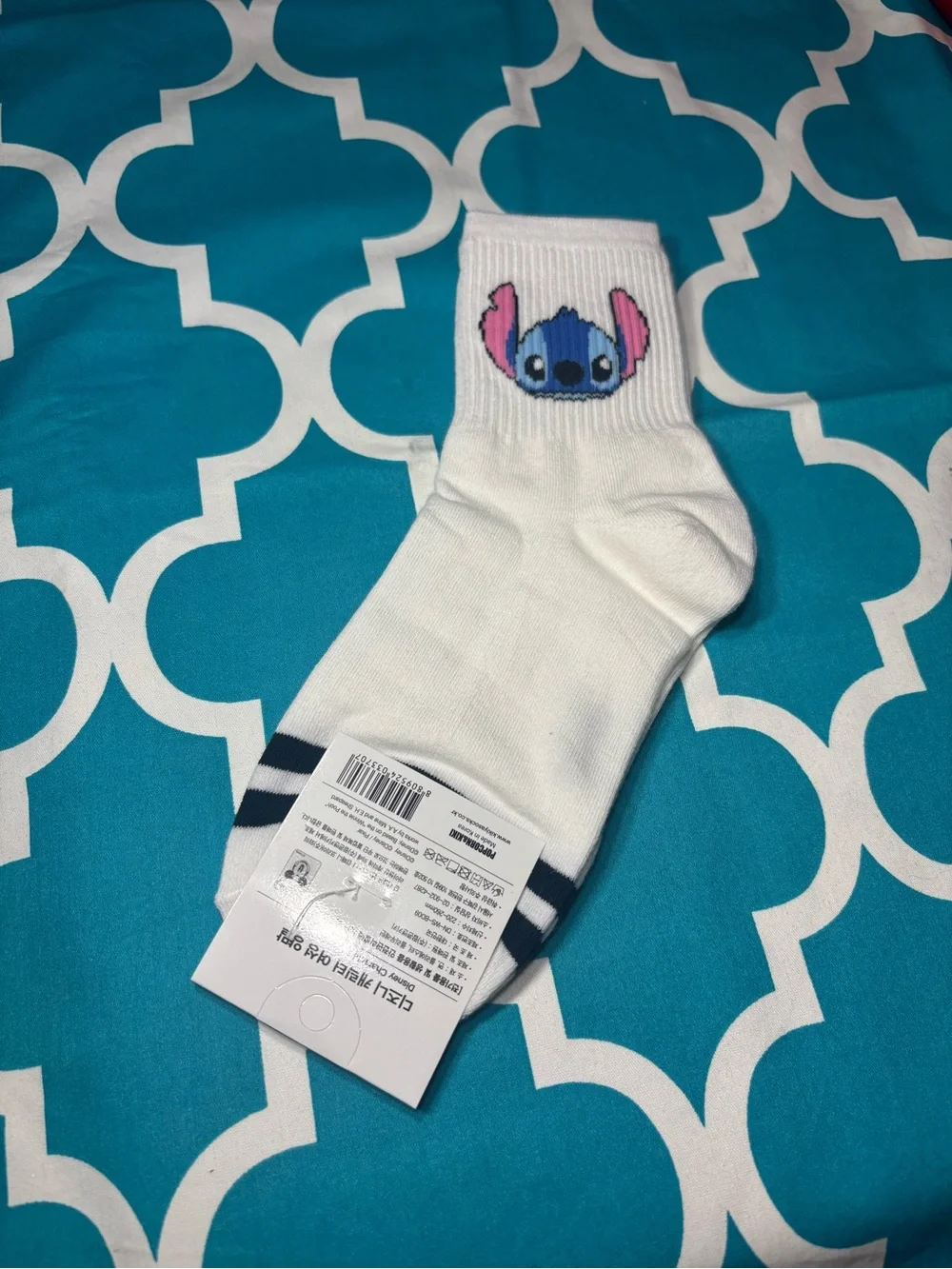 New Cute White Crew Socks with Blue Cartoon Stitch Face